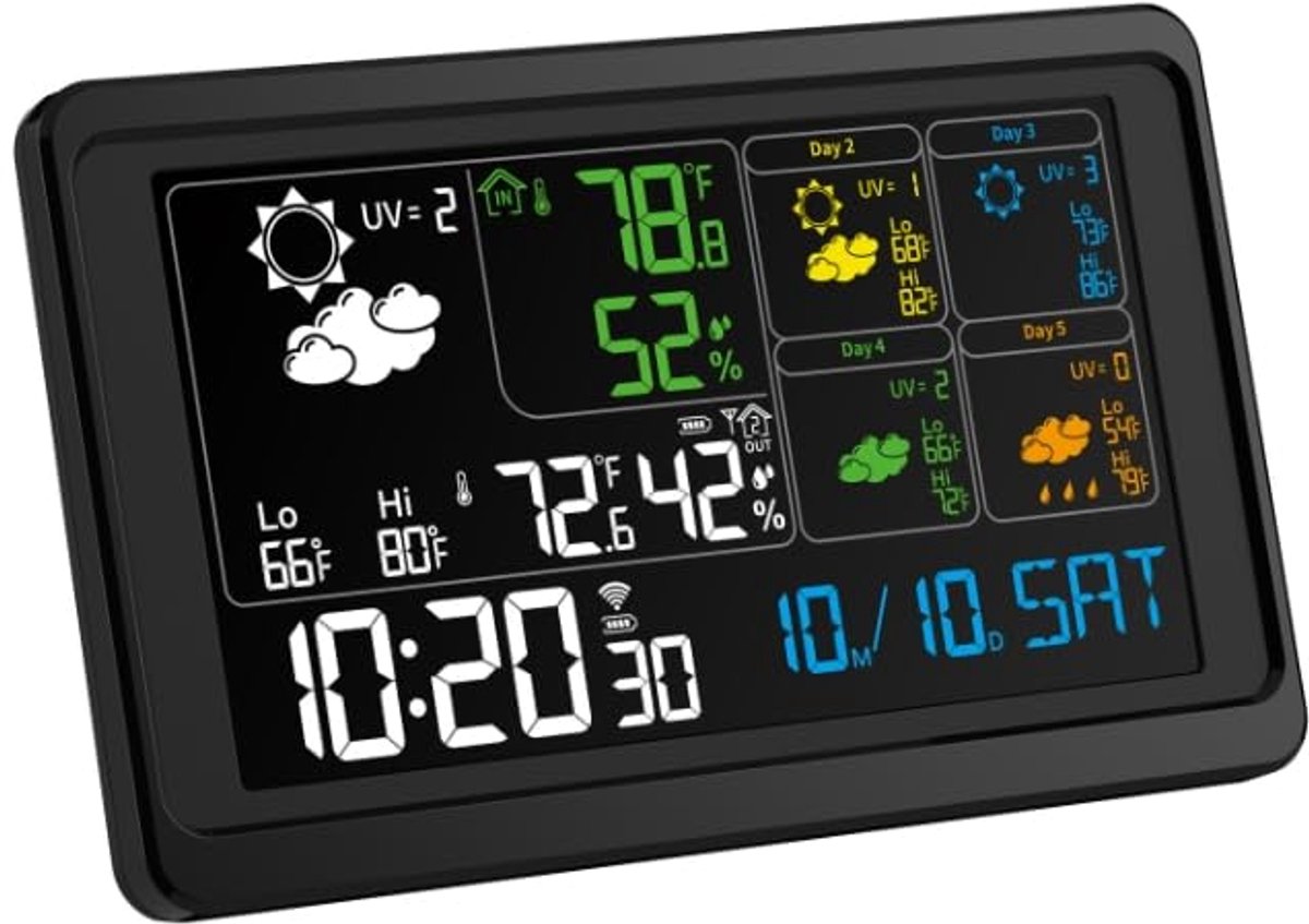 SnelShoppen - Weerstation voor Binnen en Buiten met Wifi, Groot 8 Inch Kleurendisplay, Weersvoorspelling tot 4 Dagen, UV-Index, Barometer, Draadloze S