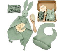 SnelShoppen - Baby Cuddly Toy Gift Set voor Jongens en Meisjes, Persoonlijk Cadeau voor Pasgeborenen, Cuddle Cloth, Bib, Turban, Mijlpaalkaarten, Hout