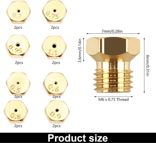SnelShoppen - Set van 16 Stukken Propaan Gasbrander Nozzles (0.5-1.1mm) - Messing Gas Nozzles voor Propaan Branders, M6×0.75 Draad, Geschikt voor Gasf — afbeelding 5