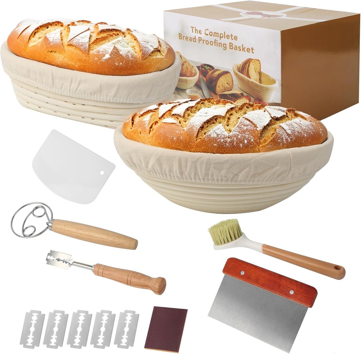 SnelShoppen - 10-delig Gärkorb Brood Set - 23 cm Ronde en 25 cm Elliptische Gärkorven - Handgeweven Rattan - Compleet Bakset met Bakmat, Gereedschap e