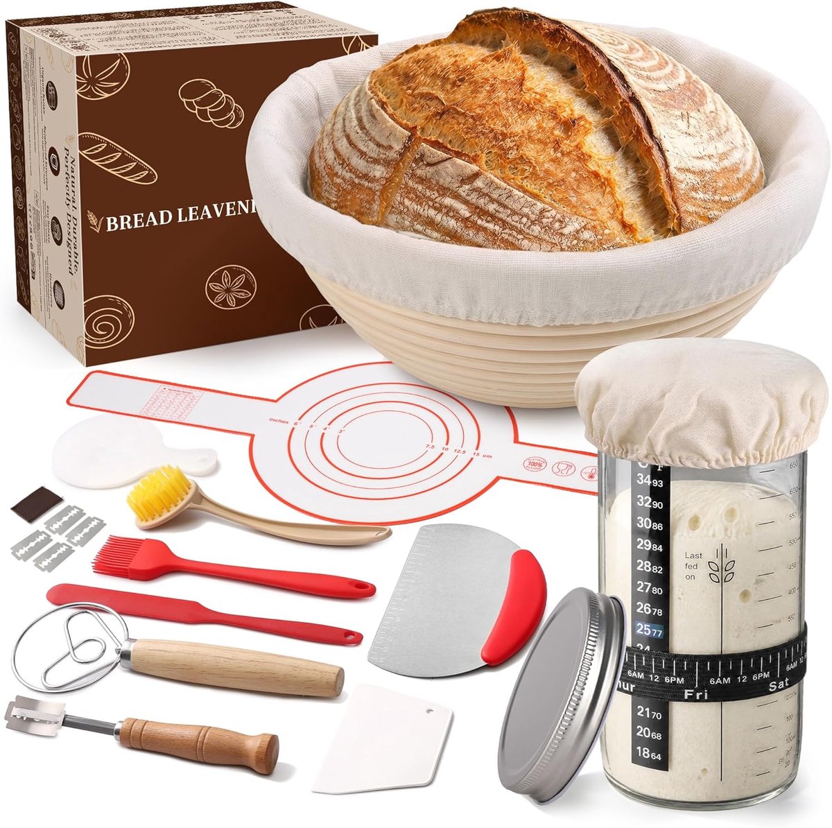 SnelShoppen - Gistmand voor brood, 25 cm ovaal, 11-delige bakkerset, natuurlijke rietbanetten, ideale broodmand voor zuurdeeg, beginners en ervaren ba