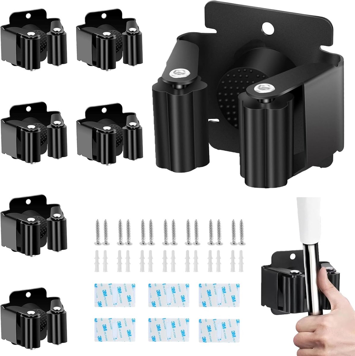 SnelShoppen - Pack van 6 Broom Holder Wandbevestiging voor Tuingereedschap, Rvs Broomhouder met Bevestigingsschroeven en Stickers, Ideaal voor Tuin, K