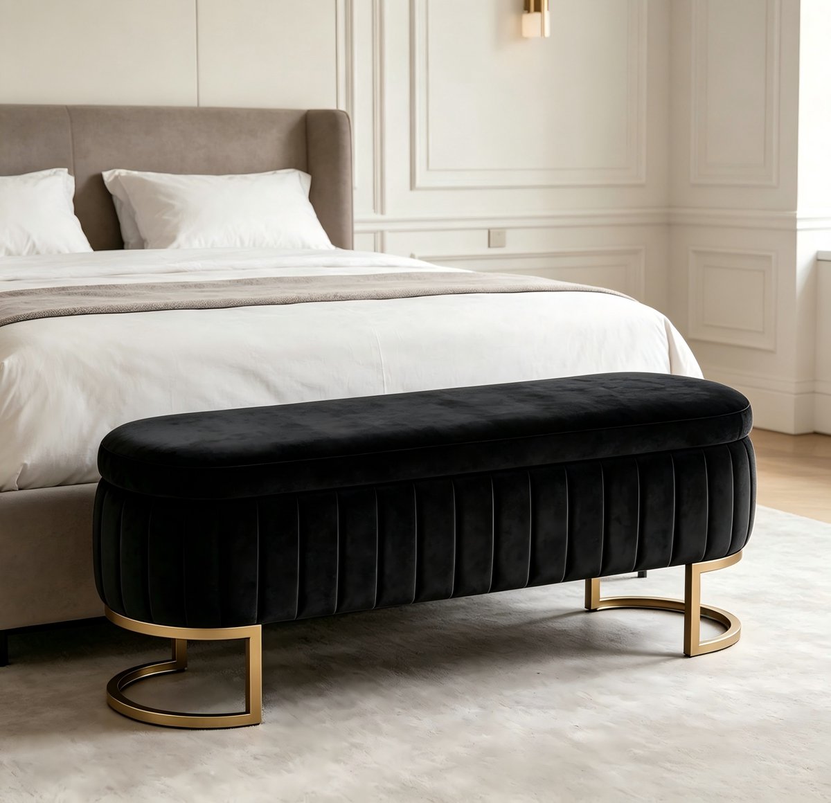 Bedbank Opbergruimte – 129,5 cm – Fluweel, Hout en Metaal – Zwart – Voor Slaapkamer, Hal of Woonkamer – Met Gouden Poten