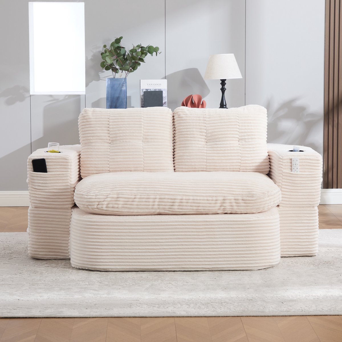 STILVORA Slaapbank 165 Cm - 2 In 1 Met Ligfunctie En Dubbele Bekerhouders - Voor Woonkamer En Kleine Ruimtes - Cord Beige