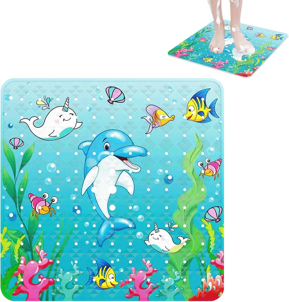 SnelShoppen - Antislip Douchemata 53 x 53 cm met Afvoergaten en Zuignappen - Machinewasbare Douchemata voor Badkamer of Badkuip - Dolfijn Design