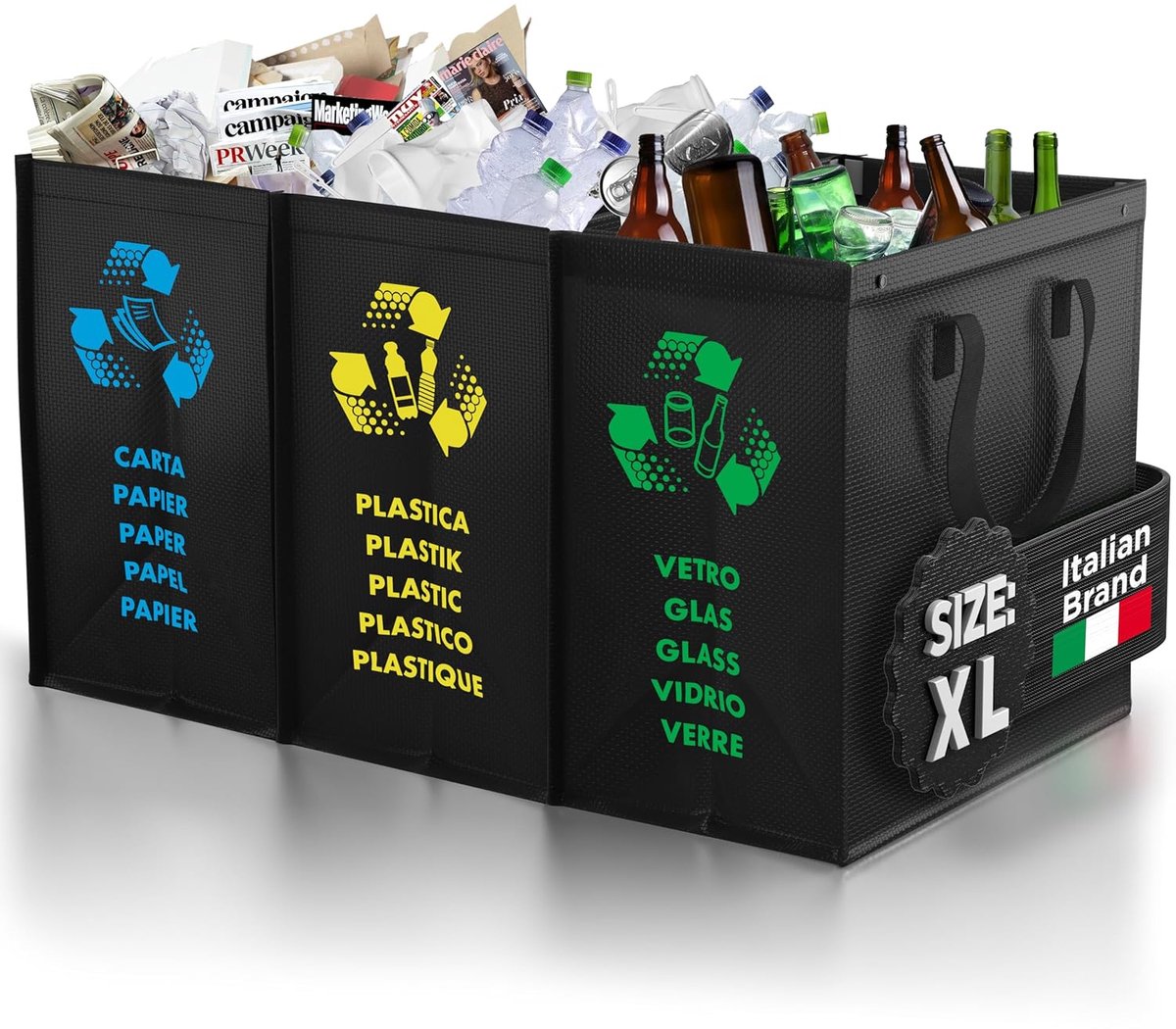 SnelShoppen - Afvalbak 3 Compartimenten MAXI XL - Afval Scheidingssysteem voor Papier, Glas en Plastic - Duurzame en Herbruikbare Organiser Tassen - G