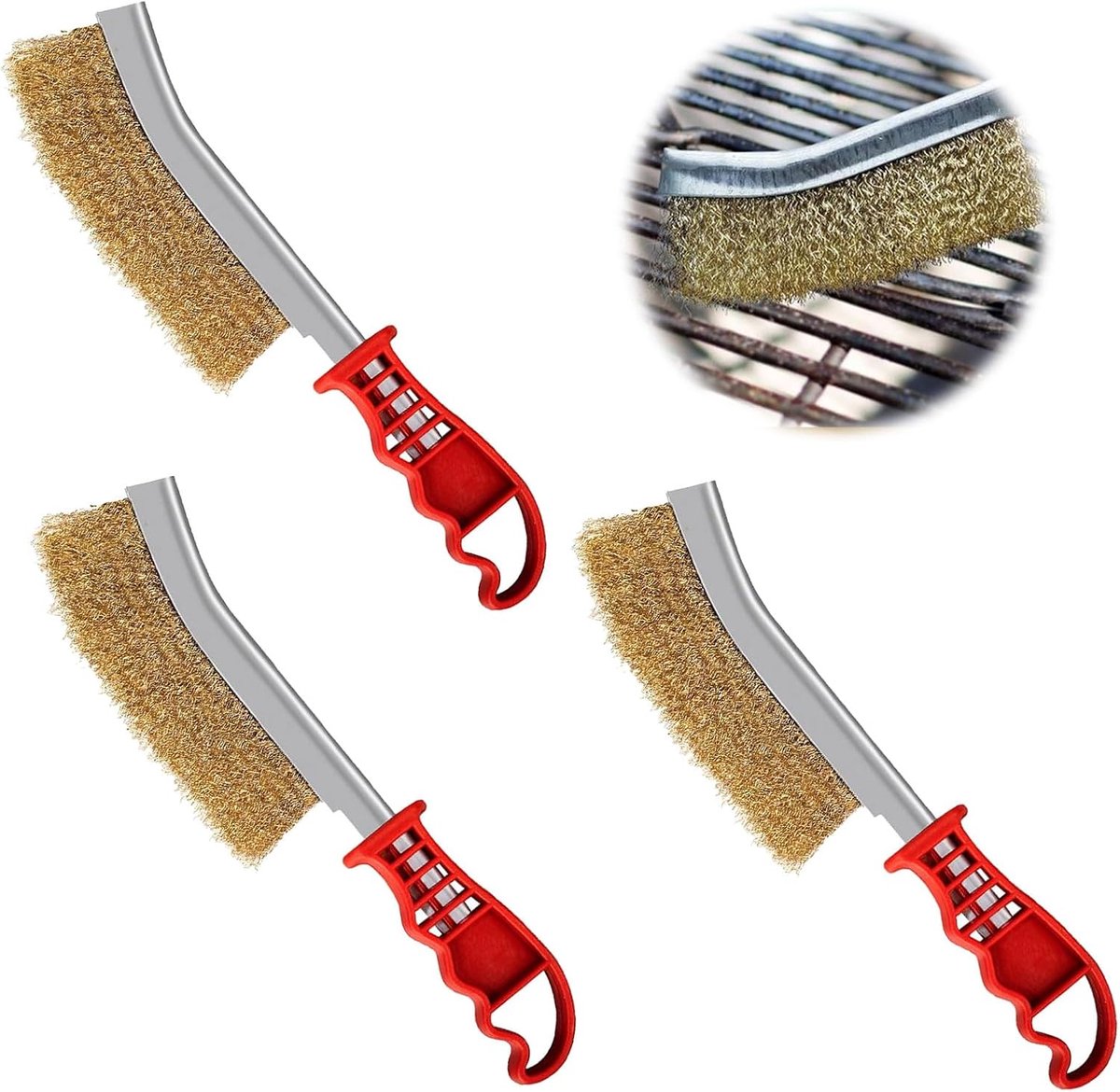 SnelShoppen - 3 Stuks Messing Borstel Set voor Grill, Hand Borstel, Borstel voor Gietijzeren Grill, Met Gebogen Kunststof Handvat voor Het Schoonmaken