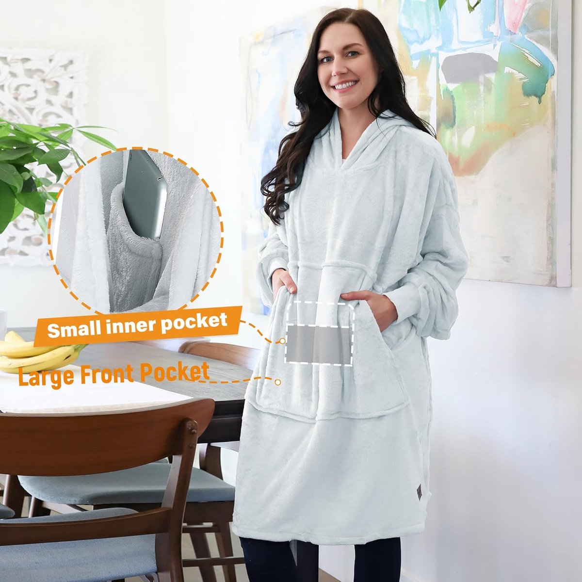 SnelShoppen - Oversized Fleece Hooded Blanket voor Volwassenen en Kinderen - Warme en Gezellige Deken met Capuchon en Voorzak - Grijs - Perfect voor T