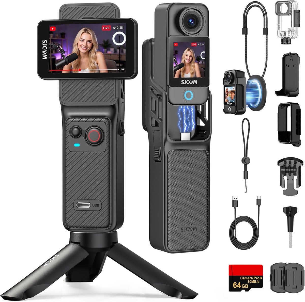 SnelShoppen - 4K Vlogging Camera, Actiecamera met Dual Touchscreen, 30m Waterdicht, 7 Uur Accuduur, Zwart, Ideaal voor Vloggen en Buitenactiviteiten
