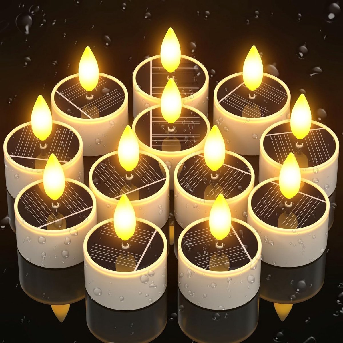 SnelShoppen - 12x Solar LED Theelichtjes Buiten, Waterproof, Dusk to Dawn Sensor, Oplaadbare Tealight Kaarsen met Flickering Vlam voor Tuin, Camping e
