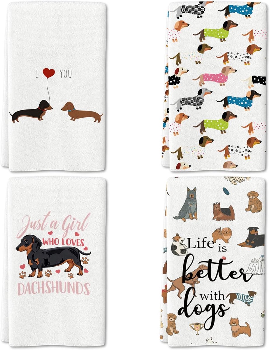 SnelShoppen - 4 Microvezel Teckel Keukendoeken 40 x 60 cm - Absorberende Theedoeken voor Hondenliefhebbers - Grappige Teckel Motieven - Perfecte Cadea