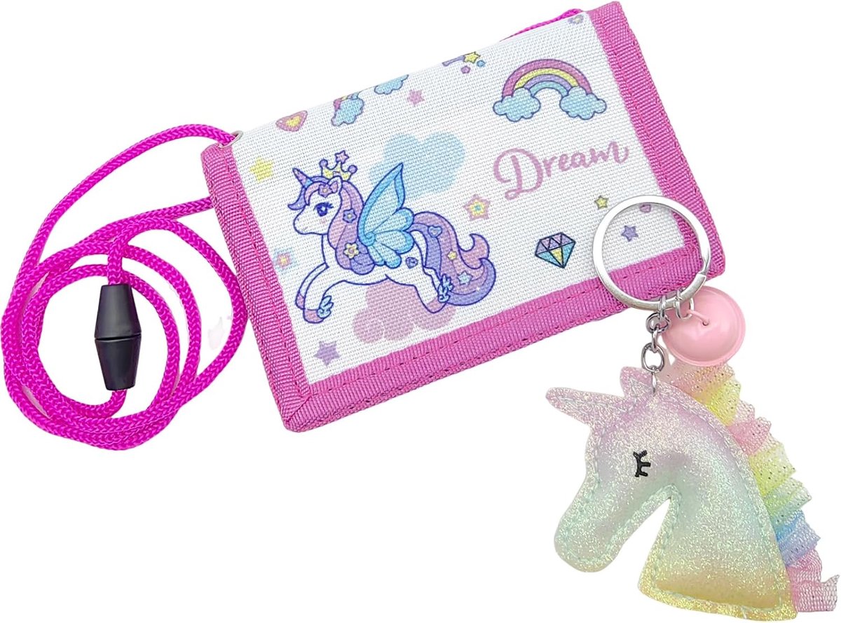 SnelShoppen - Borsttas voor Kinderen Eenhoorn met Sleutelhanger - Roze Portemonnee voor Meisjes - Kleine Hangportemonnee - Perfect als Verjaardagscade