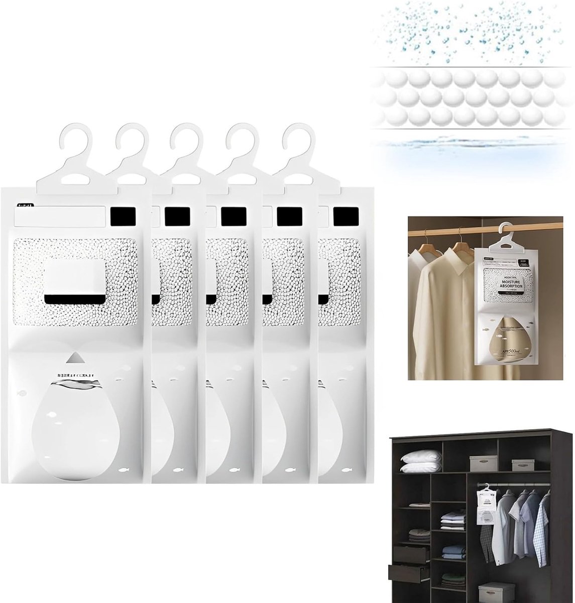 SnelShoppen - Pack van 5 x 100 g Vochtabsorber voor Kasten, Hangend, Anti-Schimmel voor Vochtverwijdering in Kelders, Kasten en Wasruimtes