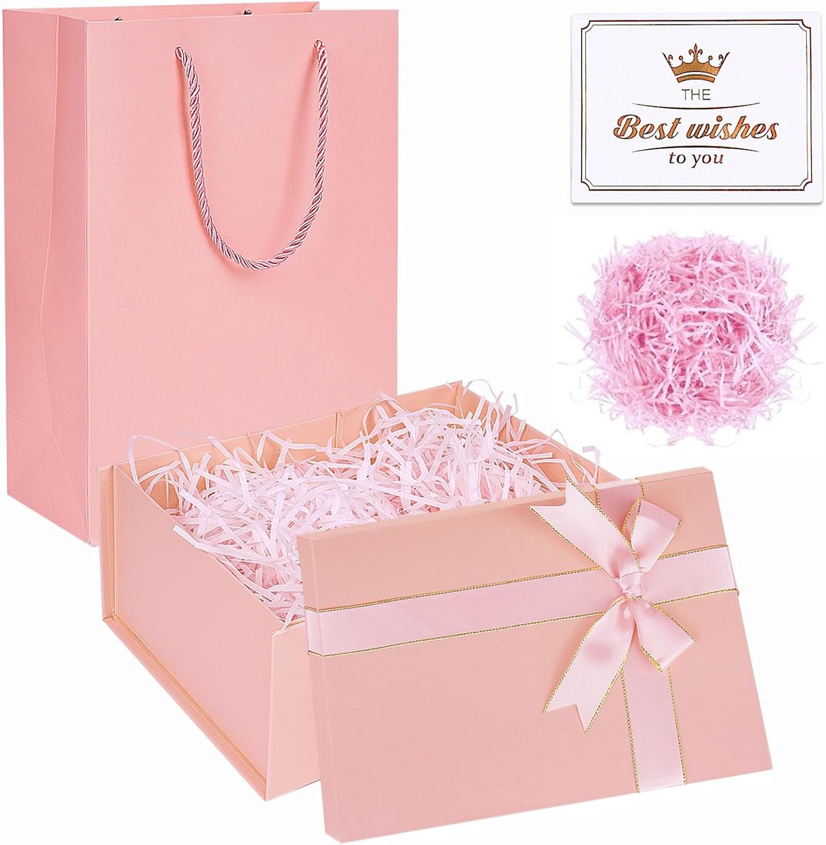 SnelShoppen - Roze Cadeaubox met Tas, 22x16x8.5cm, Cadeau Dozen met Deksel en Strik, Lege Cadeauverpakkingen voor Verjaardagen, Valentijnsdag, Feestda