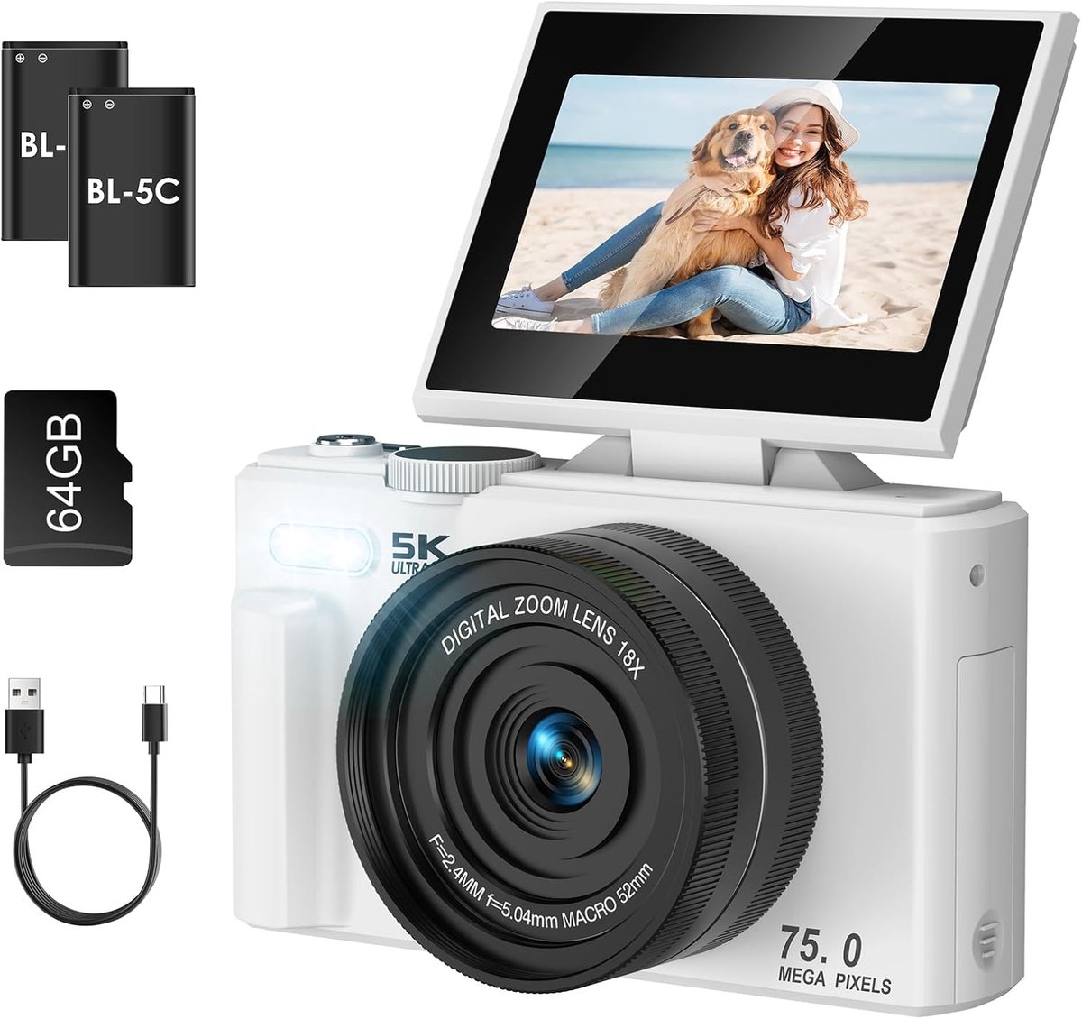 SnelShoppen - Digitale Camera 5K 75MP Vlogging Camera met 3.0 Inch 180° Flip Screen, Compact en Lichtgewicht met 64GB Geheugenkaart, Perfect voor Jong