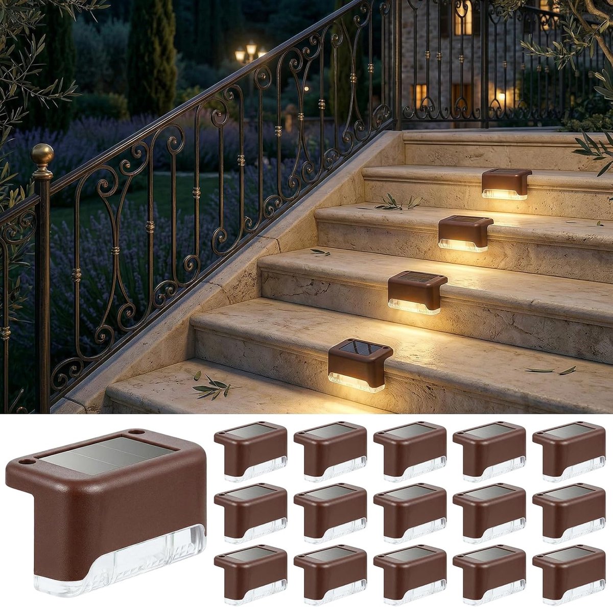SnelShoppen - 16 Stuks Solarverlichting voor Buiten - Warmwitte LED-Tuinverlichting - Waterdichte Trapverlichting voor Trappen, Hekken, Terrassen en P