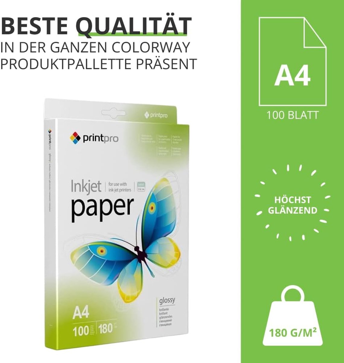 SnelShoppen - Photo Paper PrintPro Hoogglans 180g 100 Vellen DIN A4 Waterdicht en Sneldrogend voor Alle Inkjetprinters - Perfect voor Schoolprojecten