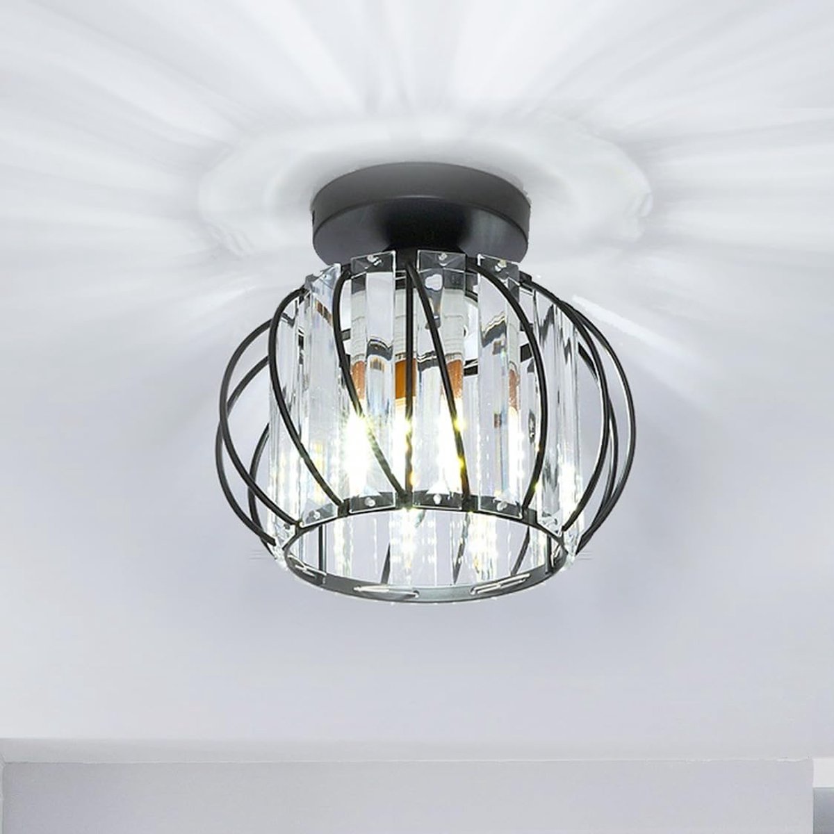 SnelShoppen - Moderne Crystal Black Plafondlamp E27, Vintage Industrieel Kroonluchter met Kooi-vormige Lampenkap voor Hal, Slaapkamer, Woonkamer, Entr