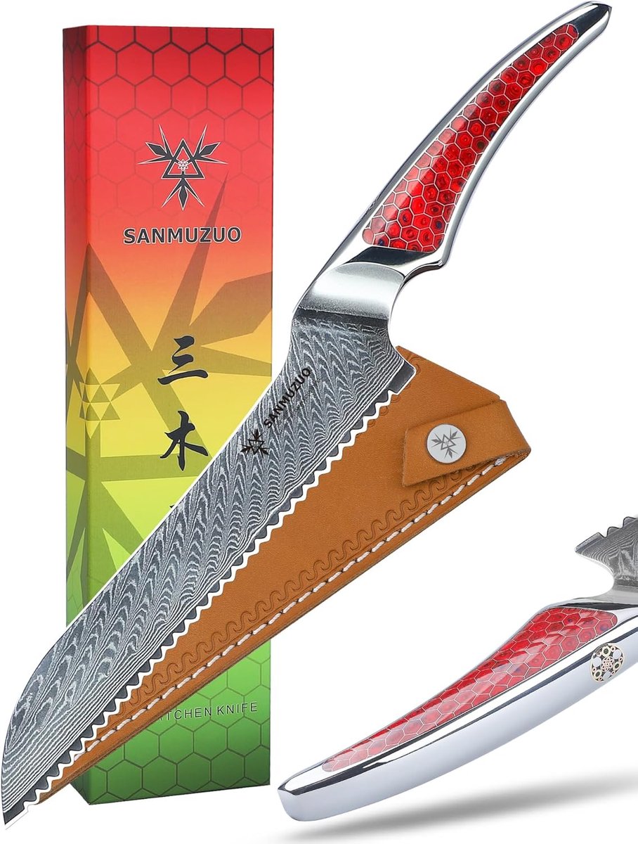 SnelShoppen - Serrated Broodmes 20 cm, Ultra Scherp Damascus VG-10 Staal, Rood, Keukenmes met Solide Houten Handvat, Perfect voor Brood, Feest en Keuk