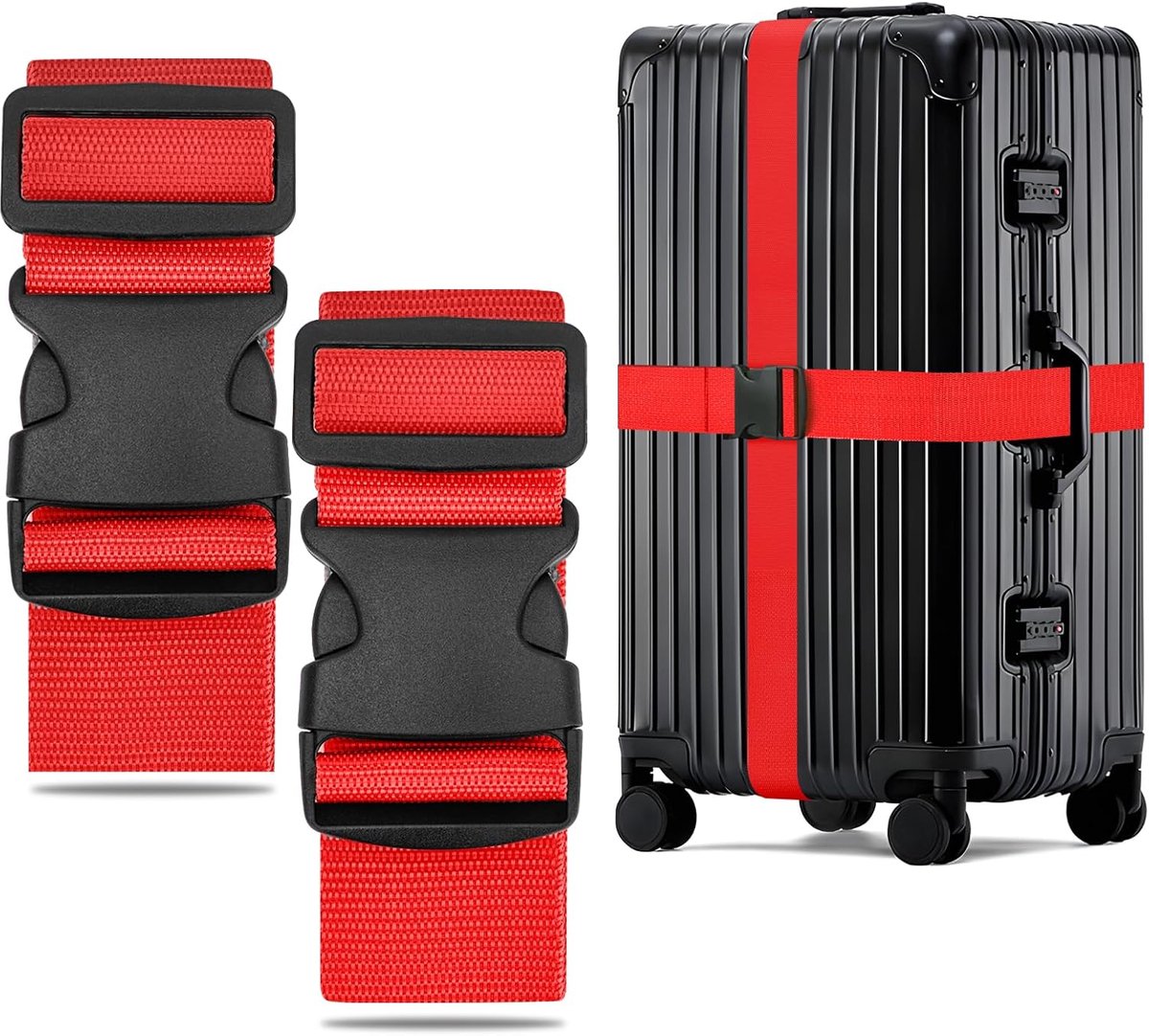 SnelShoppen - Luggage Strap Set van 2 - Verstelbare Koffersluiting tot 250 cm - Robuuste en Veilige Bagagestraps voor Vliegtuigreizen - Opvallende Rod