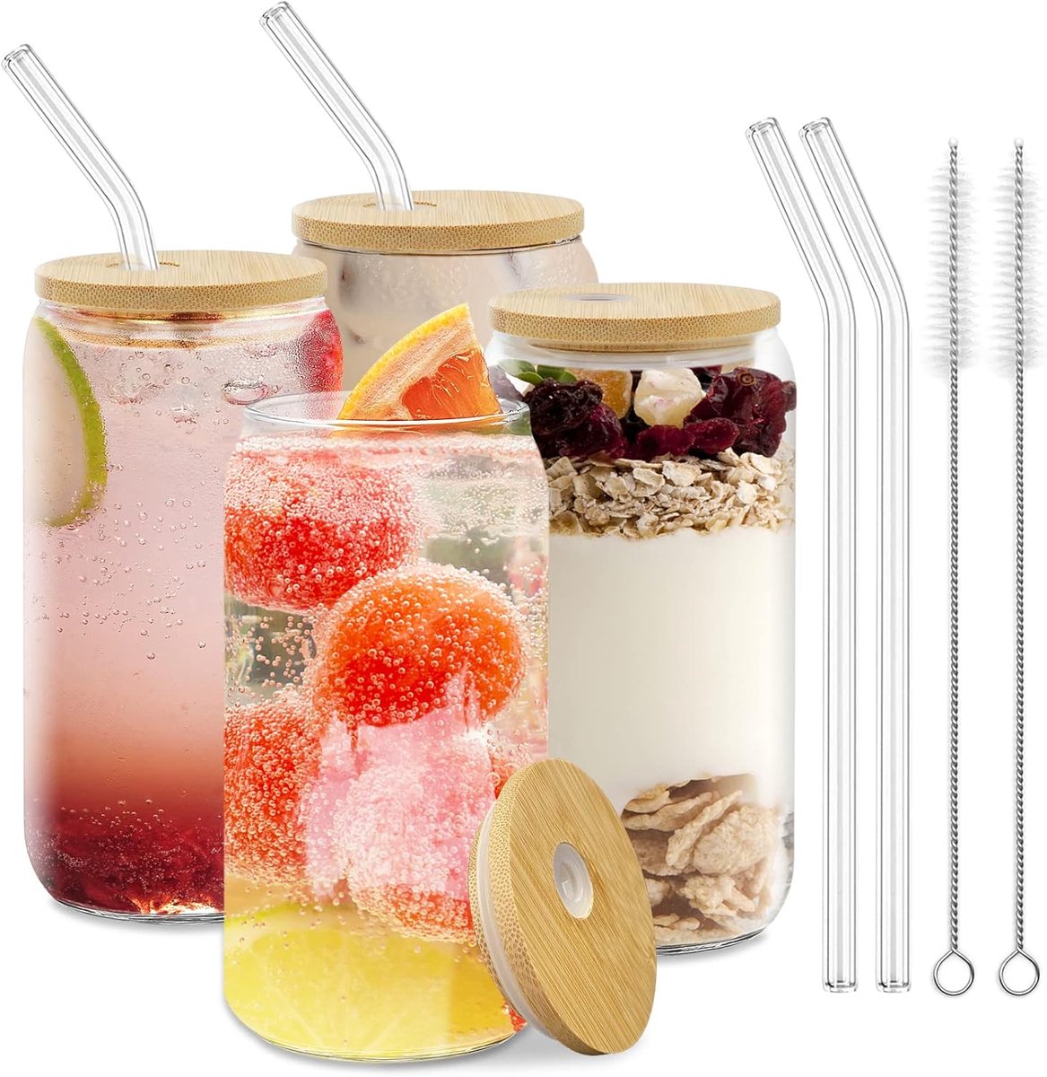 SnelShoppen - 500ml Cocktails glazen met deksel en glazen rietjes - Drinkglazen met bamboe deksel voor cocktails, long drinks, ijskoffie, frisdrank, s