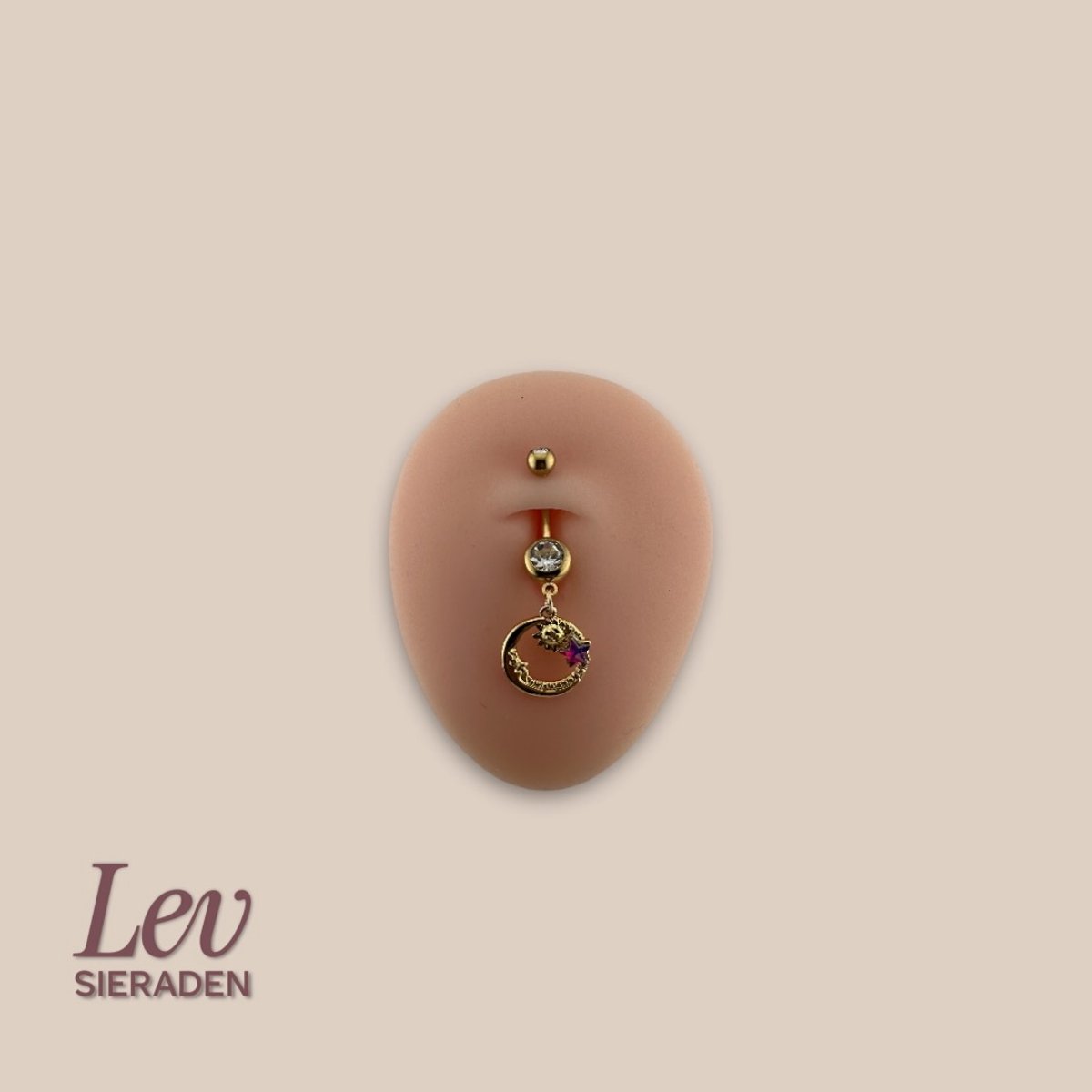 Lev Sieraden - 1.6x10mm Zon, maan en ster navel piercing met hanger - Goud kleurig - Titanium - extern geschroefd