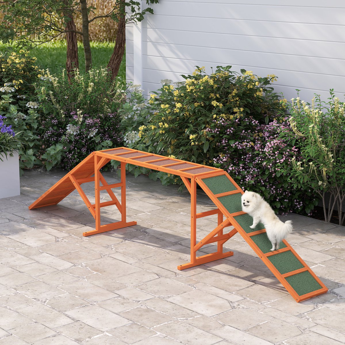 MIVRAY Agility Loopplank – 325 x 55 x 69 cm – Antislip Oppervlak Met Veiligheidsstang – Hout – Oranje – Voor Hondentraining Buiten