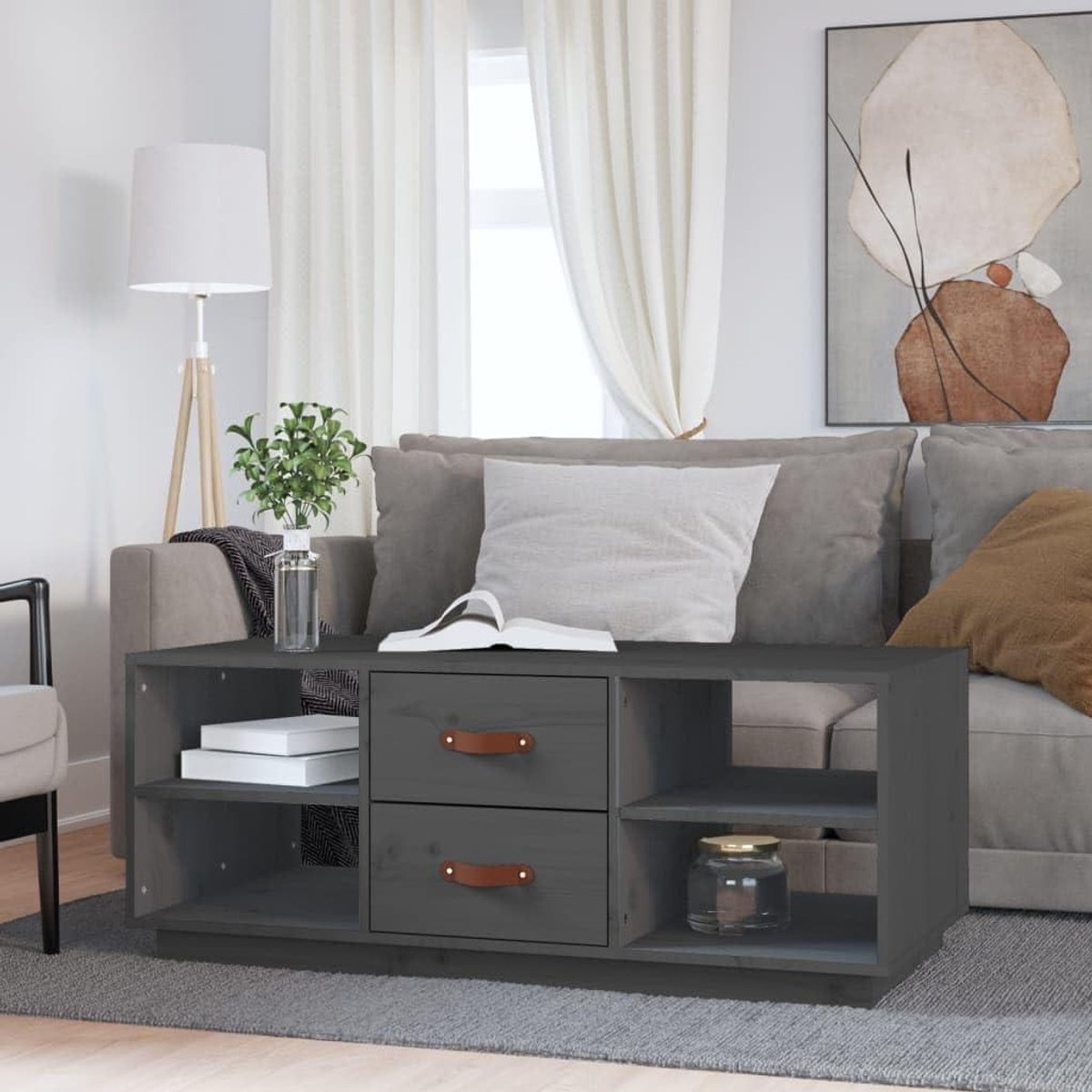 Salontafel Grenenhout - Opbergtafel - Woonkamer Decoratie - Met Laden en Planken - 100 x 50 x 41 cm - Grijs