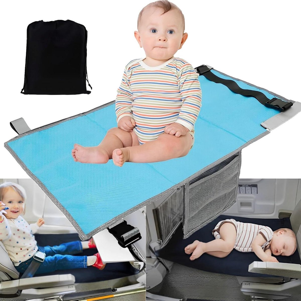 Vliegtuig Voetsteun - Reis Hangmat - Comfortabel Reizen - Snel Instelbaar - 79x44cm - Blauw