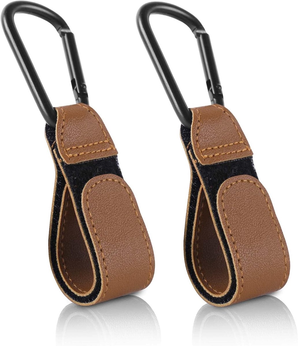 SnelShoppen - Stroller Hooks Clips - 2 Stuks Pram Hooks voor Buggy, Diaper Bags, Tas Haken van Leer, Bruin - Ideaal voor Winkelen en Wandelen met Kind