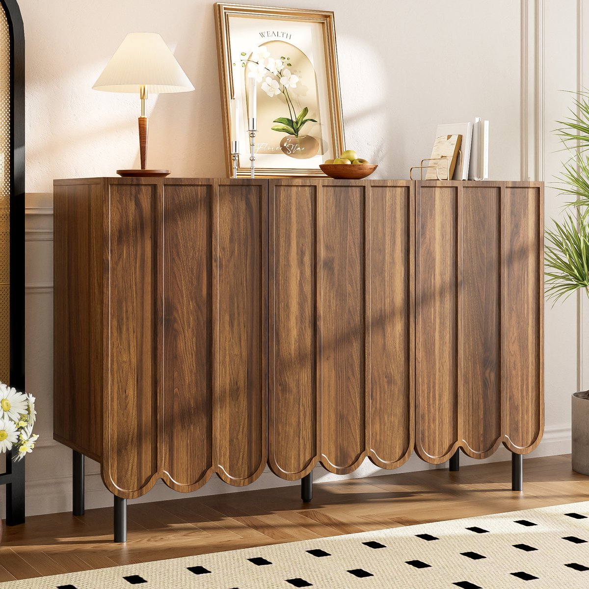 Wishdor - Dressoir - Golvende deuren - Greeploos met verstelbare planken - Modern sideboard voor woonkamer en hal - Houtlook en staal - Walnootkleur - 120x35x80 cm