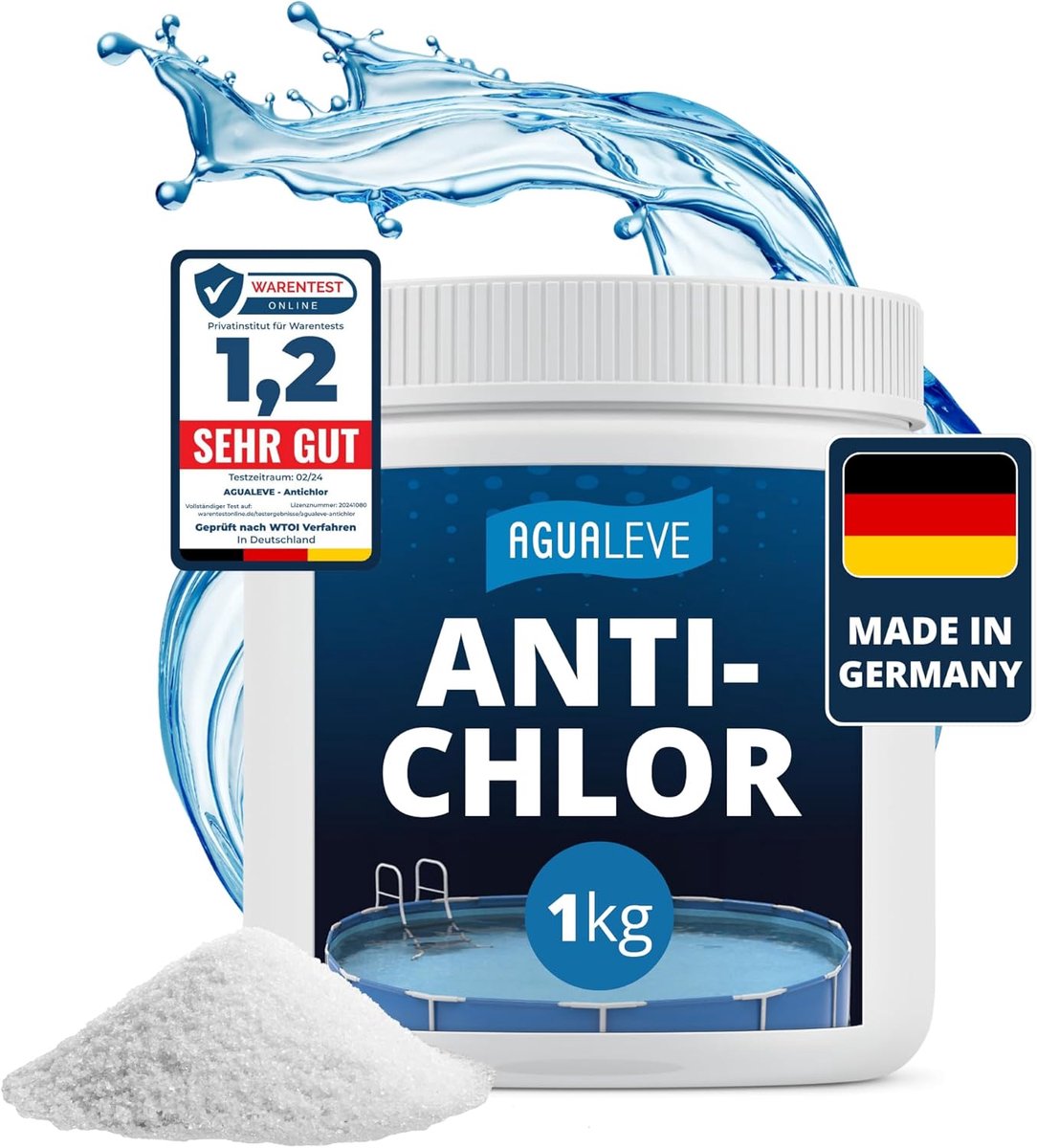 SnelShoppen - Anti-chloor 1 kg | Verlaagt en neutraliseert chloor snel en nauwkeurig | Voor zwembaden, opzetzwembaden en whirlpools | Made in Germany