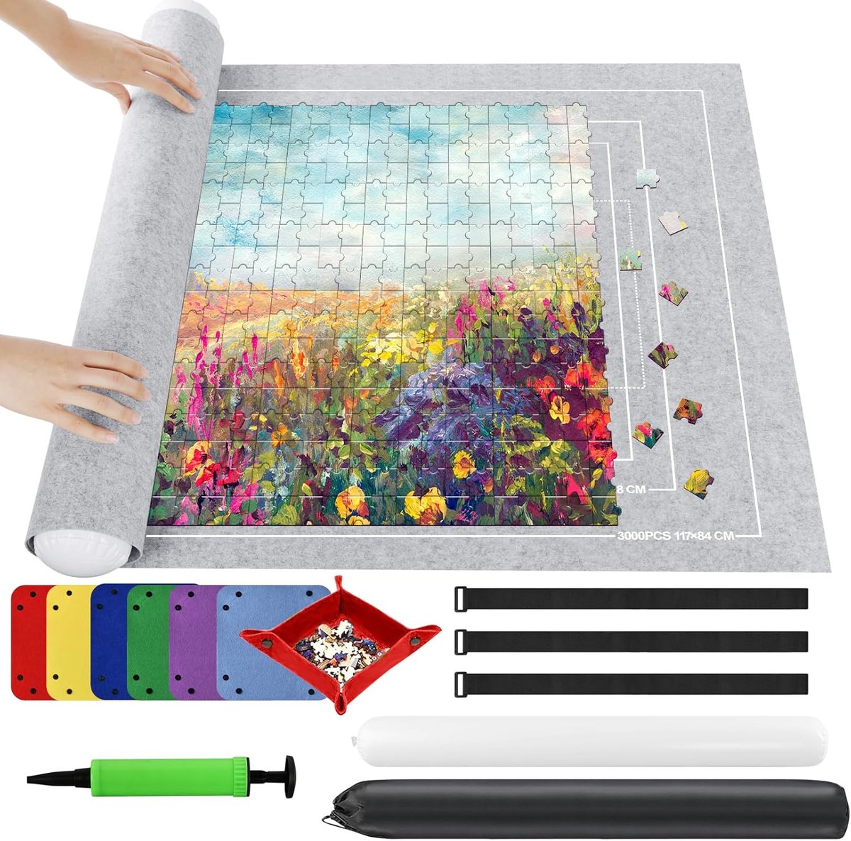 SnelShoppen - Puzzelmat 3000 Stuks, Vilten Antislip Rolmat, Draagbaar, Grijs, Inclusief Opbergaccessoires en Opblaasbare Pomp voor Puzzelaars