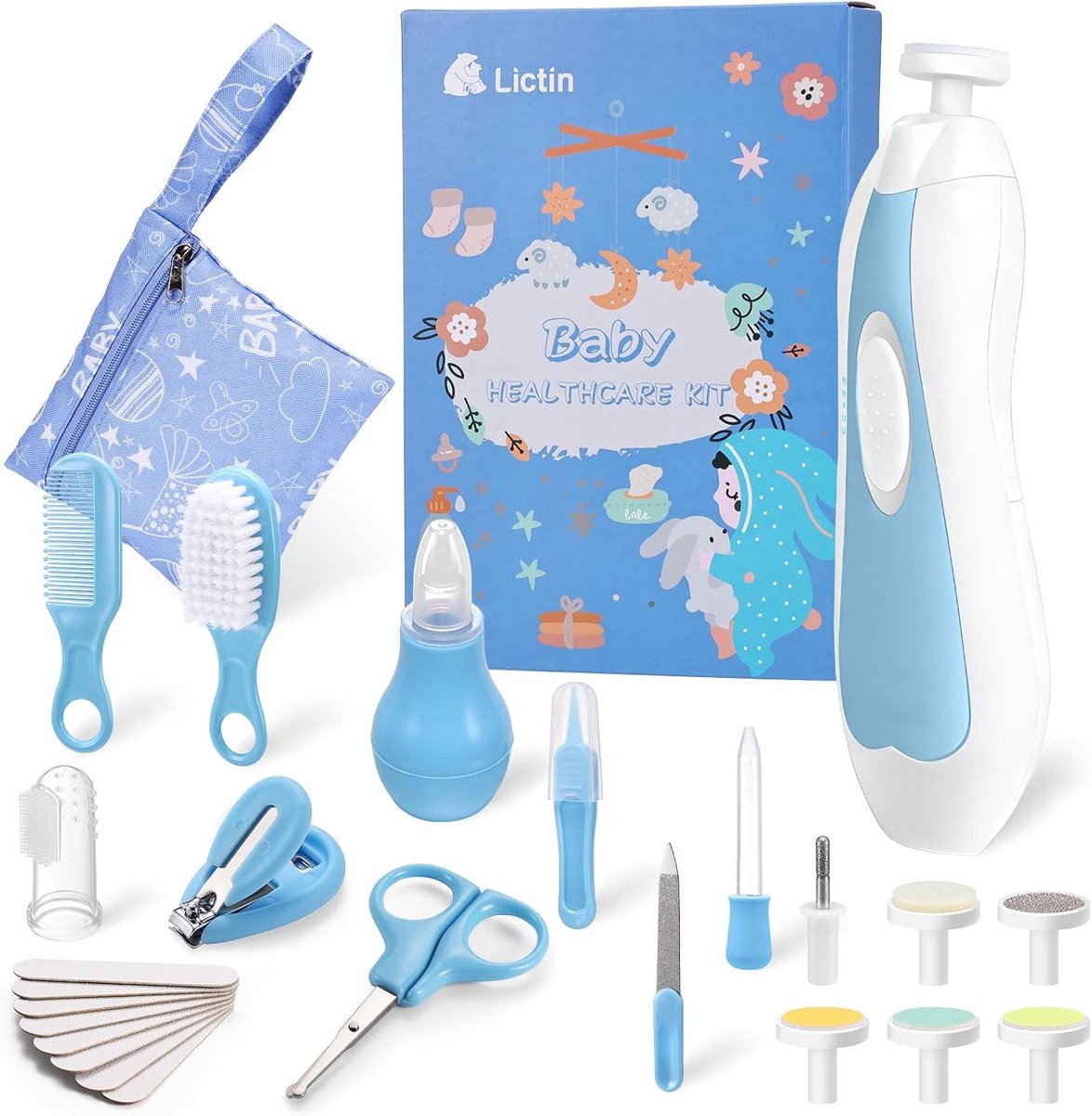 SnelShoppen - 31 in 1 Baby Healthcare en Grooming Kit - Elektrische Nageltrimmer met Auto Licht, Nagelknipper, Kam, Borstel, Thermometer, Verzorgingss