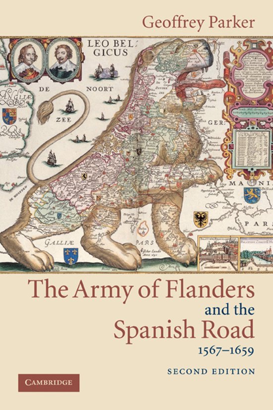Boekomslag met de titel 'The Army of Flanders and the Spanish Road 1567-1659' door Geoffrey Parker. Een leeuw, gevormd uit een kaart, staat centraal.