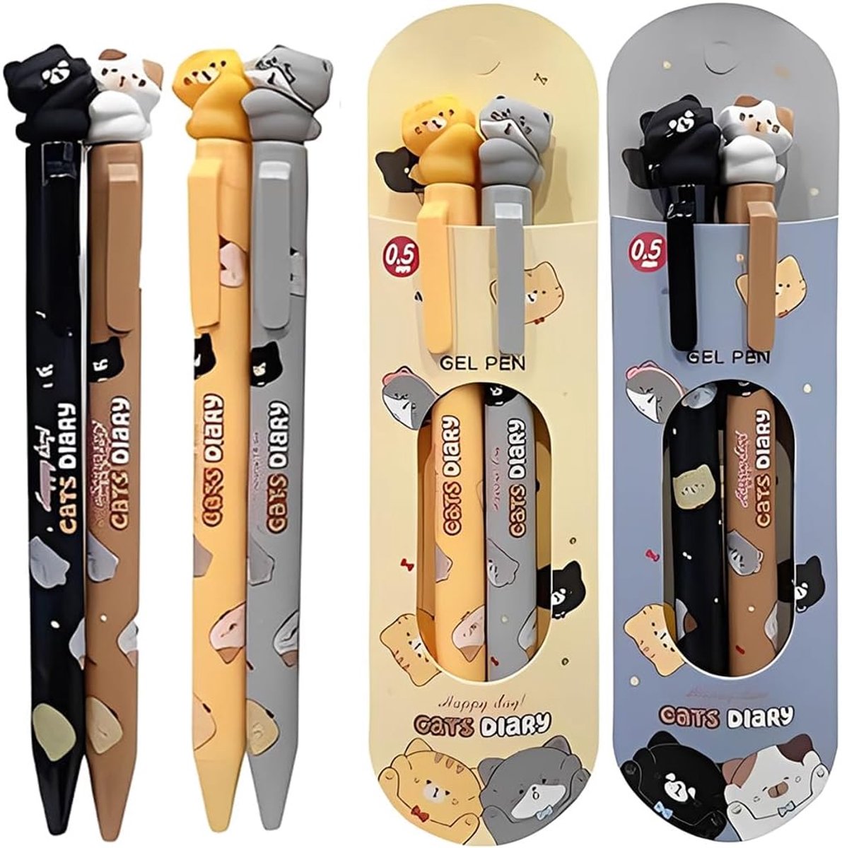 SnelShoppen - Kawaii Kattenpen Set 4-delig - Schattige Vriendschapspennen - Perfect voor School en Kantoor - 0,5 mm - Zwart, Wit, Geel, Grijs, Blauw -