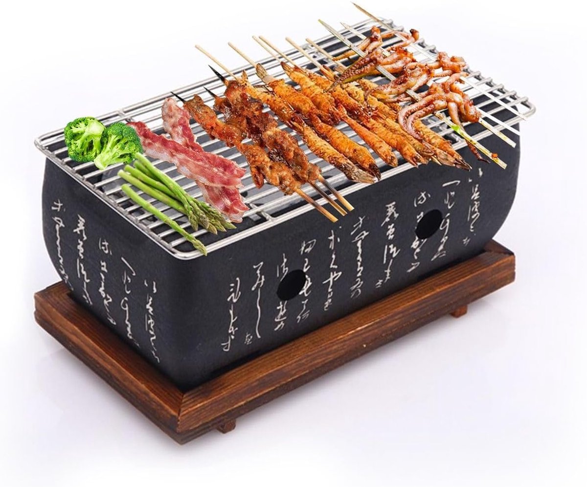 SnelShoppen - Japanse BBQ Grill, Mini Houtskool Tafelgrill 24x12x11 cm, Draagbare Rechthoekige Grill met Rooster en Houten Basis voor Yakiniku en Tako