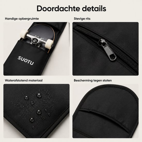 Details van de zwarte SUOTU skateboard draagtas: opbergruimte, ritssluiting, waterafstotend materiaal en bescherming.