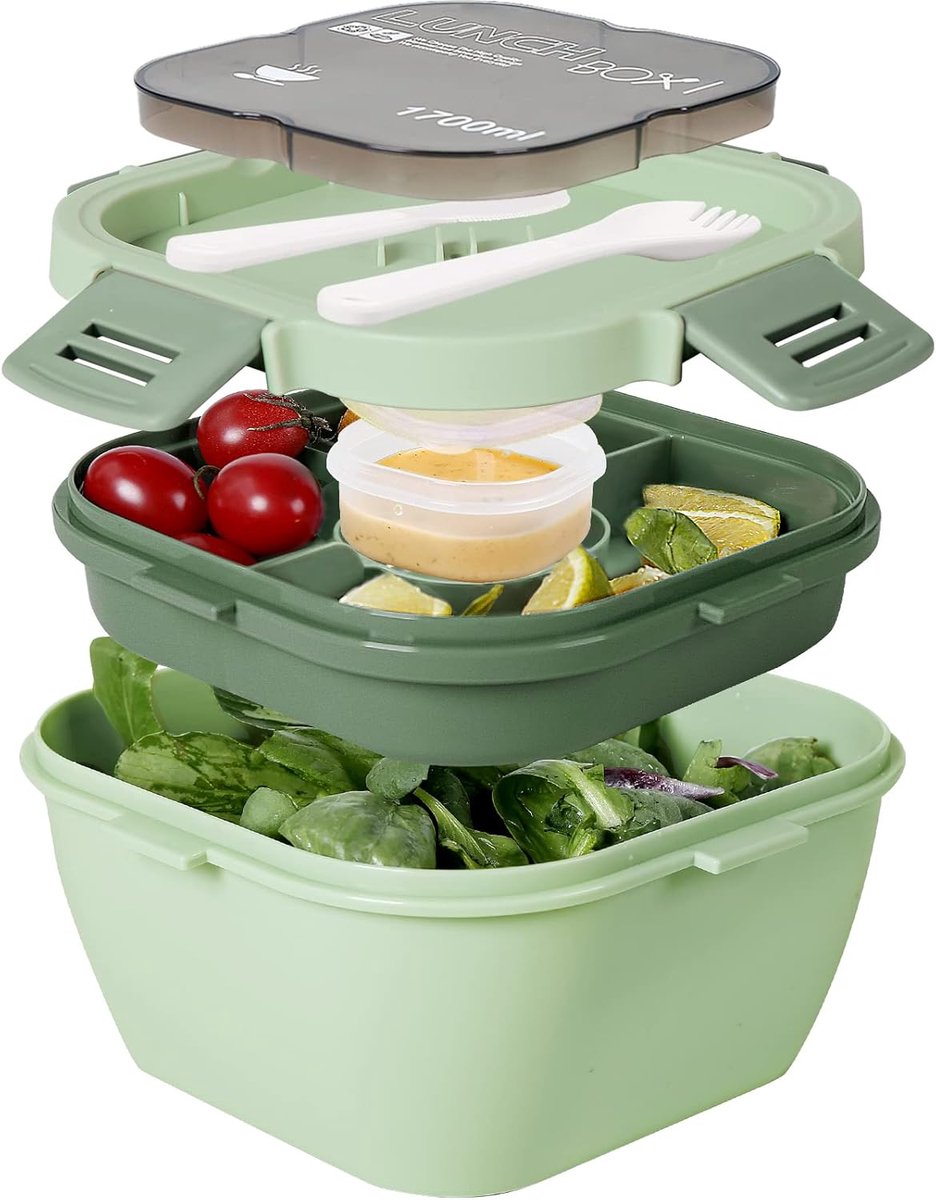 SnelShoppen - Greentainer Salade Container met Compartimenten, Lunch Box met Bestek voor Volwassenen en Kinderen, Lekvrije Bento Box voor School, Werk
