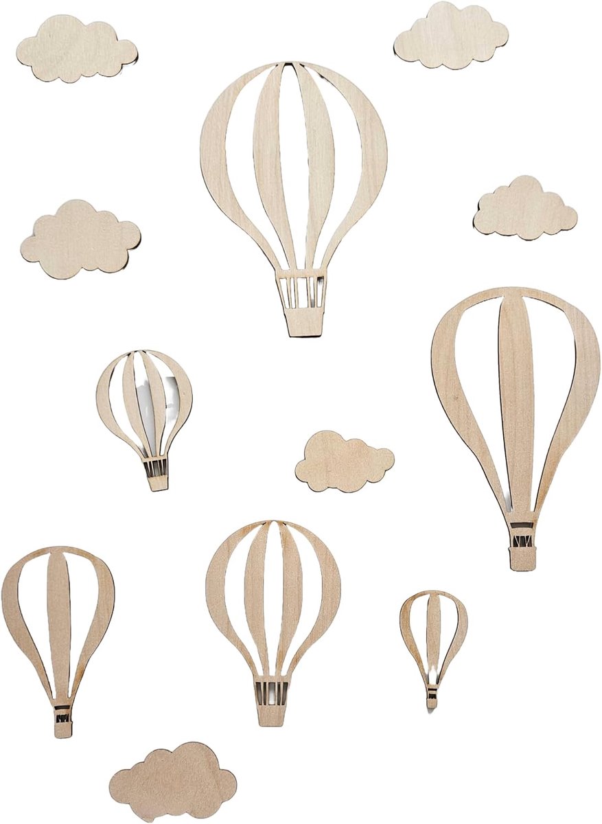 SnelShoppen - Houten Heteluchtballon Wanddecoratie Set voor Kinderkamer - Dinosaurus Decoratieset met Maan en Sterren - Handgemaakt, Milieuvriendelijk
