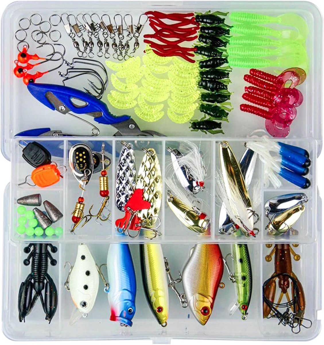 SnelShoppen - Vissersaansluitingen set 120 stuks – Compleet met wobblers, spinners, rubberaas, jigkoppen, voorgespannen lijnen & tang in UV- & corrosi