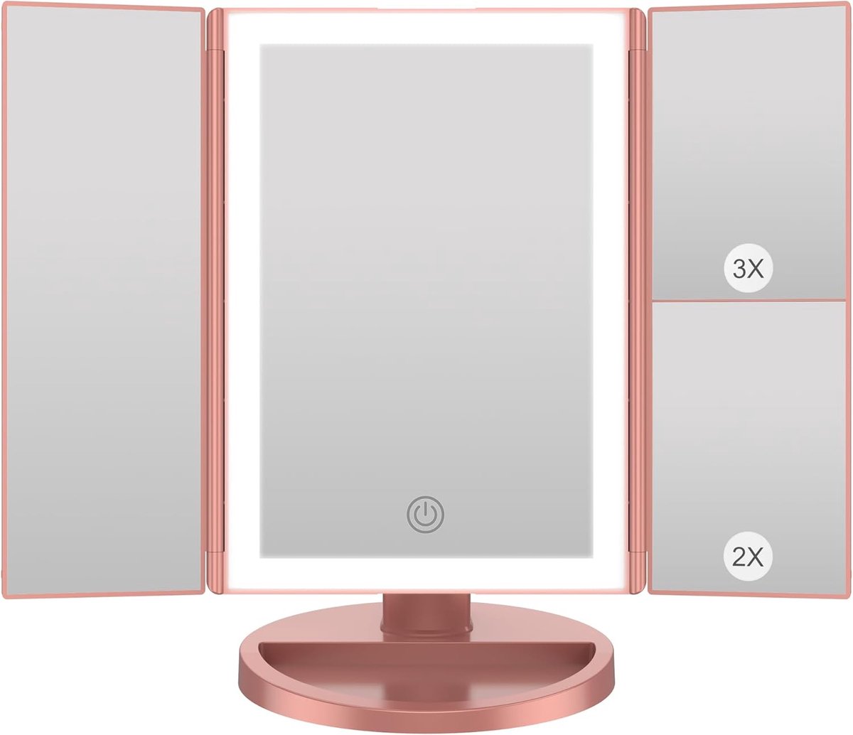 SnelShoppen - Makeup Spiegel met Verlichting, Vergrotende Spiegel 1x/2x/3x, LED Make-up Spiegel met Touchscreen, Tafel Spiegel, USB Houder en Batterij