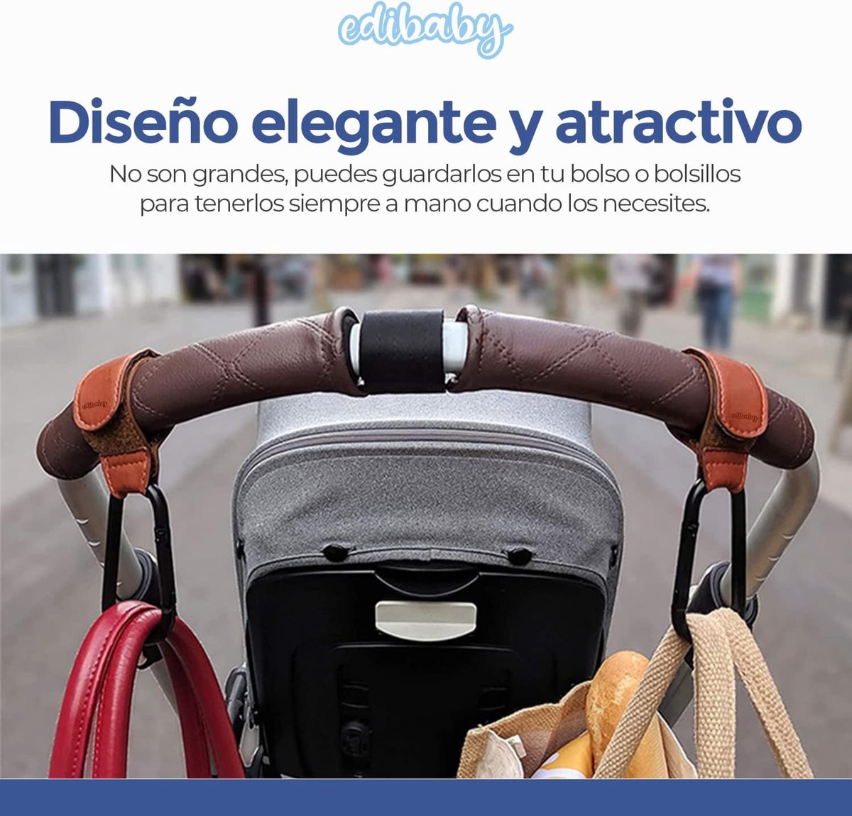 SnelShoppen - Baby Stroller Hooks Set - 2 Stuks - Luxe Leren Carabiners voor Kinderwagens - Universeel Gebruik voor Tassen, Rugzakken, Handtassen - Br