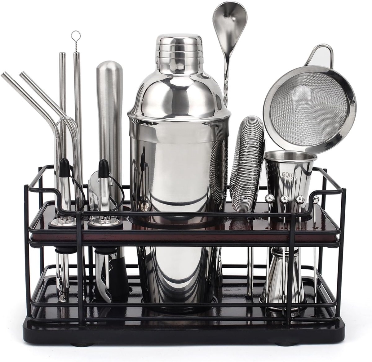 SnelShoppen - 20-Piece Cocktail Shaker Set met Stand, 750ml RVS Cocktail Set voor Thuis en Professioneel Bartender, Inclusief Bar Accessoires en Recep
