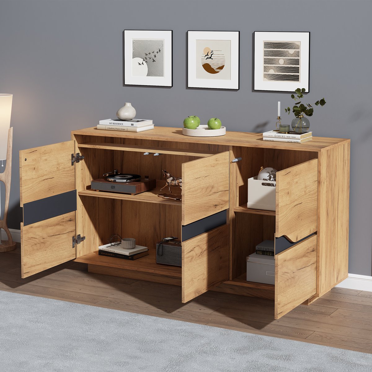 Wishdor - Dressoir - 3 deuren - verstelbare planken en greeploze vakken - modern Scandinavisch - woonkamer of eetkamer - houtlook - eikenkleur en zwart - 140 x 40 x 70 cm