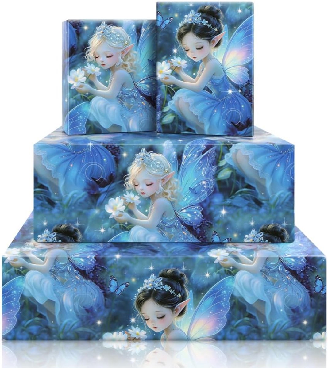 SnelShoppen - Glowing Forest Fairy Inpakpapier 4 Vellen 50x70 cm Donkerblauw Vlindervleugel Feeën Cadeauverpakking Magisch Ontwerp voor Meisjes Verjaa
