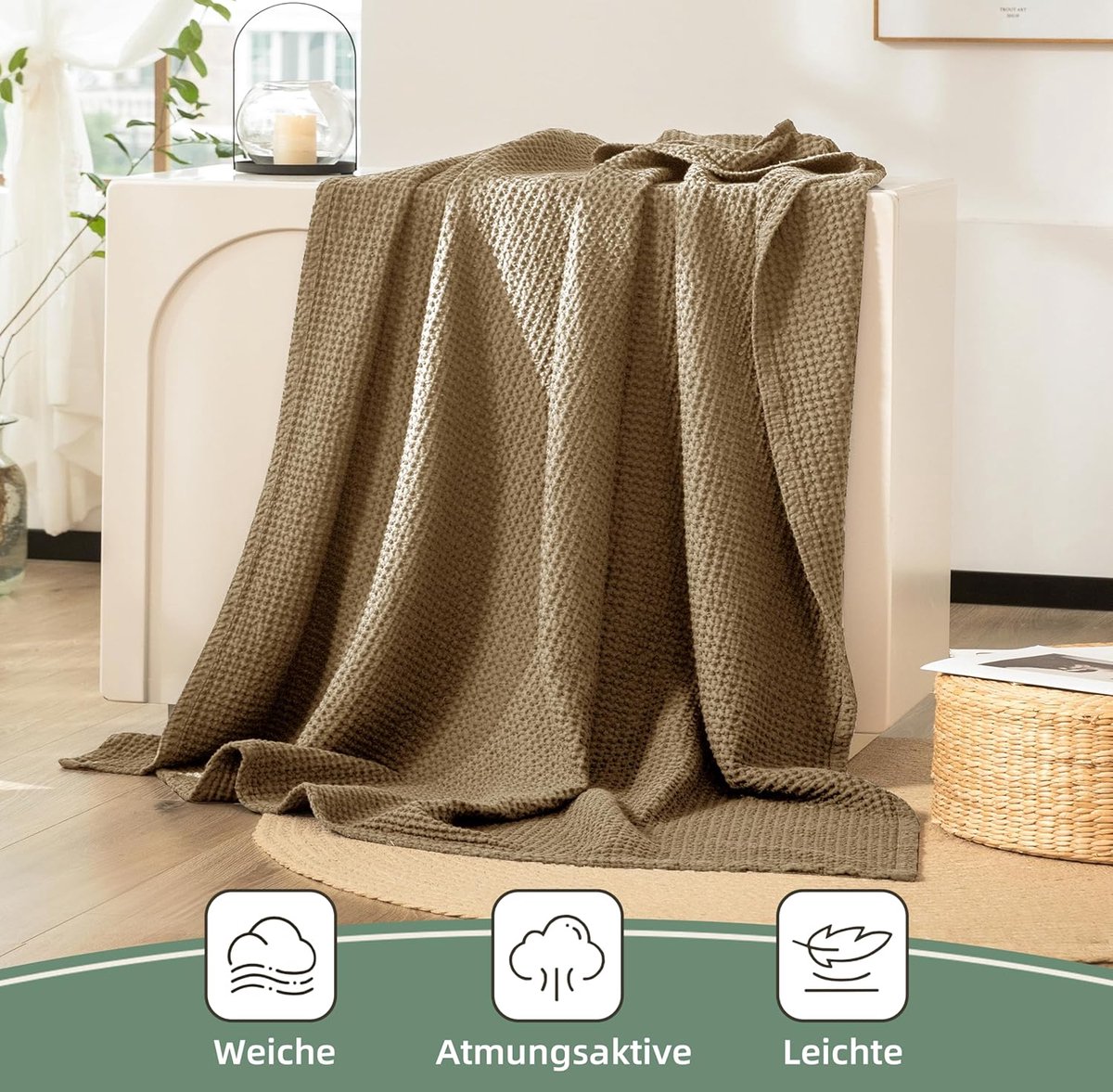 SnelShoppen - 100% Katoenen Deken 130 x 150 cm, Zachte en Ademende Bedsprei, Wafelpatroon, Lichtgewicht Sofa Deken, Knuffelbare Woonkamer Deken in Bru