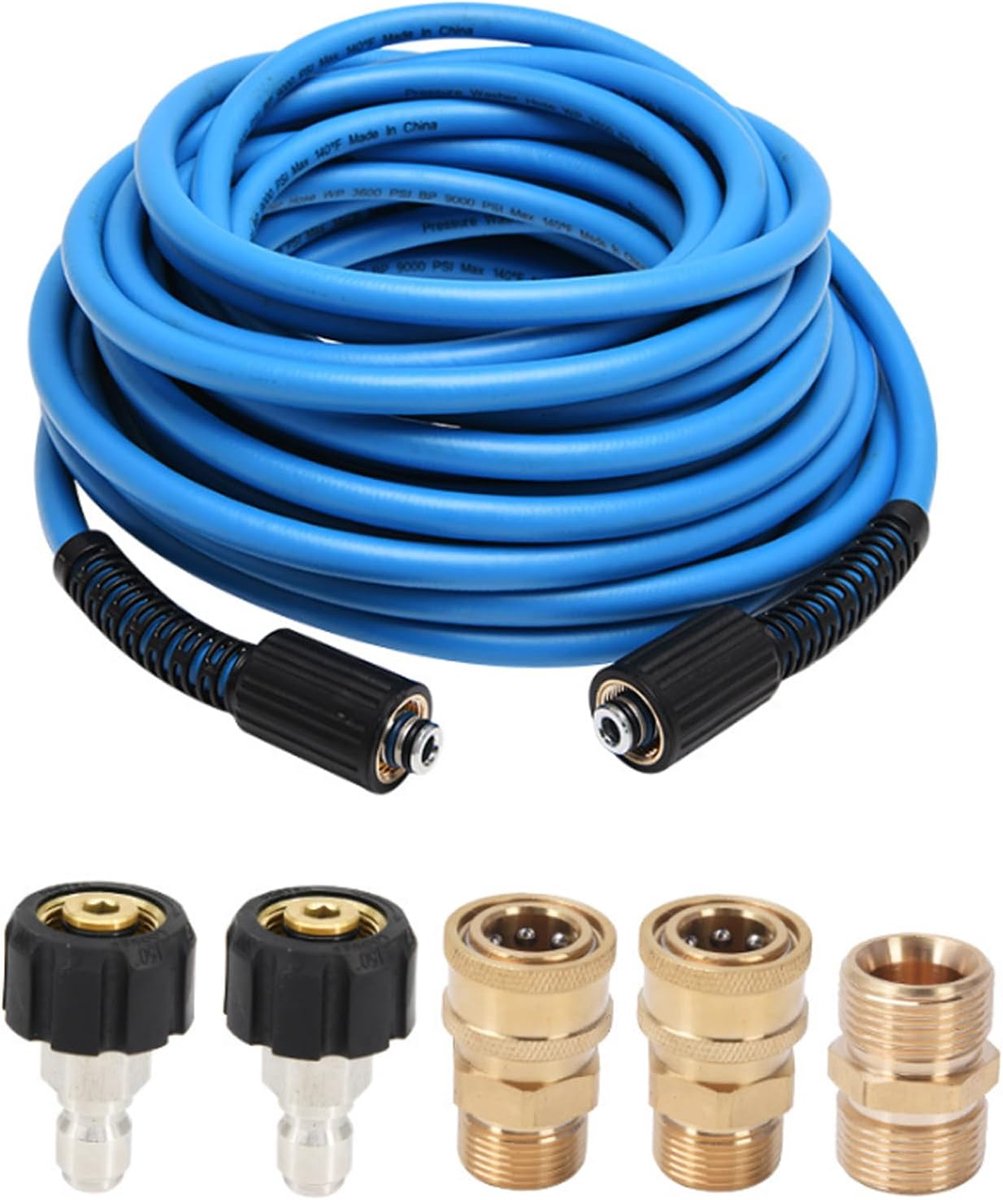 SnelShoppen - 15M Hoge Druk Slang voor Hogedrukreiniger - 3600PSI, 5 Snelle Koppelingen, M22 x 3/8 inch, Duurzaam PVC, Blauw, Ideaal voor Tuin en Scho