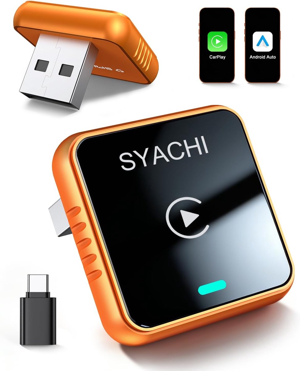 SnelShoppen - Draadloze CarPlay Android Auto Adapter 2026 - 2-in-1 USB-A/Type C, Compatibel met iOS 10+/Android 11+, Voor Auto's vanaf 2016, Oranje