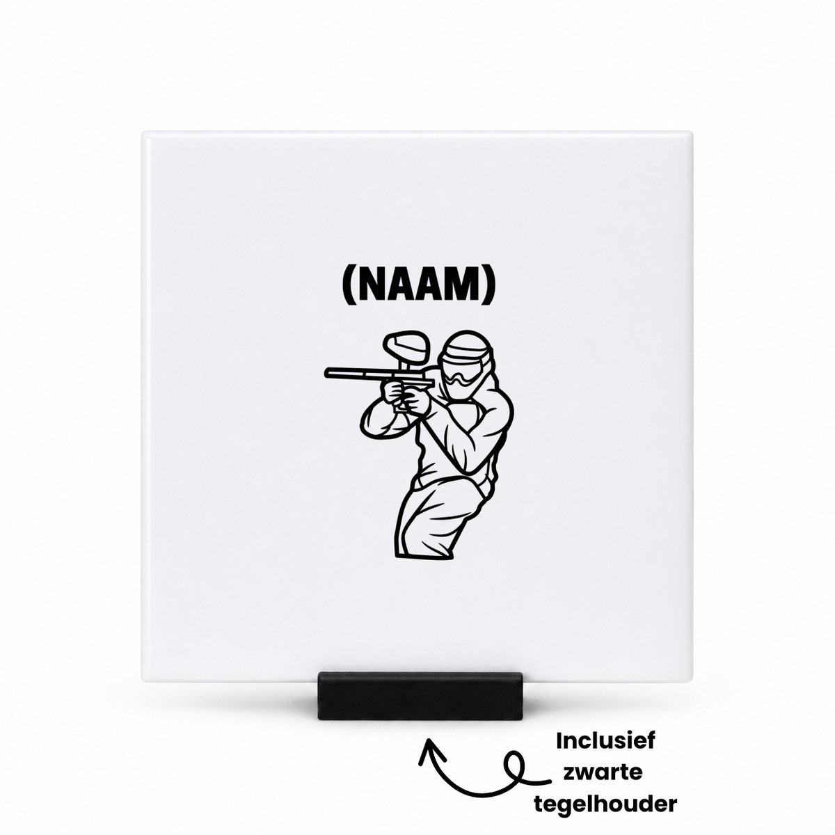 Hacebo Paintball met eigen naam tegeltje met tegelhouder - Scherpschutter - Paintballer - tegeltjes met tekst - Sport - spreuktegels - 10.8x10.8 CM Wit